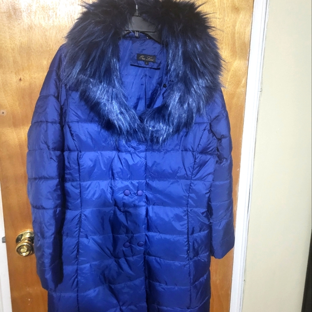 ORSO  LEVI  down jacket with removable   neck   fur - Blue- Large